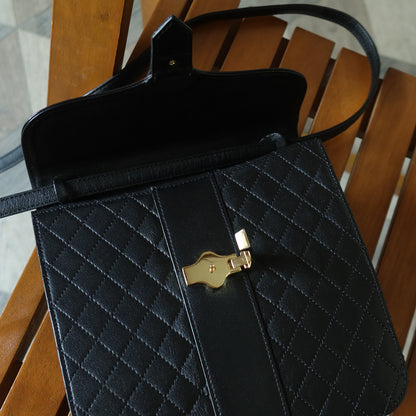 Yves Saint Laurent YSL Vintage Black Leather Quilted Gold Buckle Shoulder Flap bag S