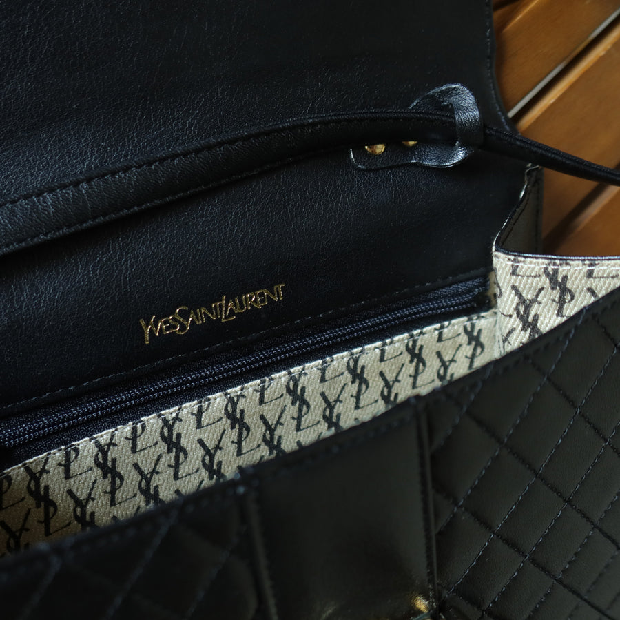 Yves Saint Laurent YSL Vintage Black Leather Quilted Gold Buckle Shoulder Flap bag S
