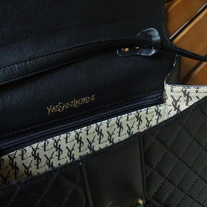Yves Saint Laurent YSL Vintage Black Leather Quilted Gold Buckle Shoulder Flap bag S