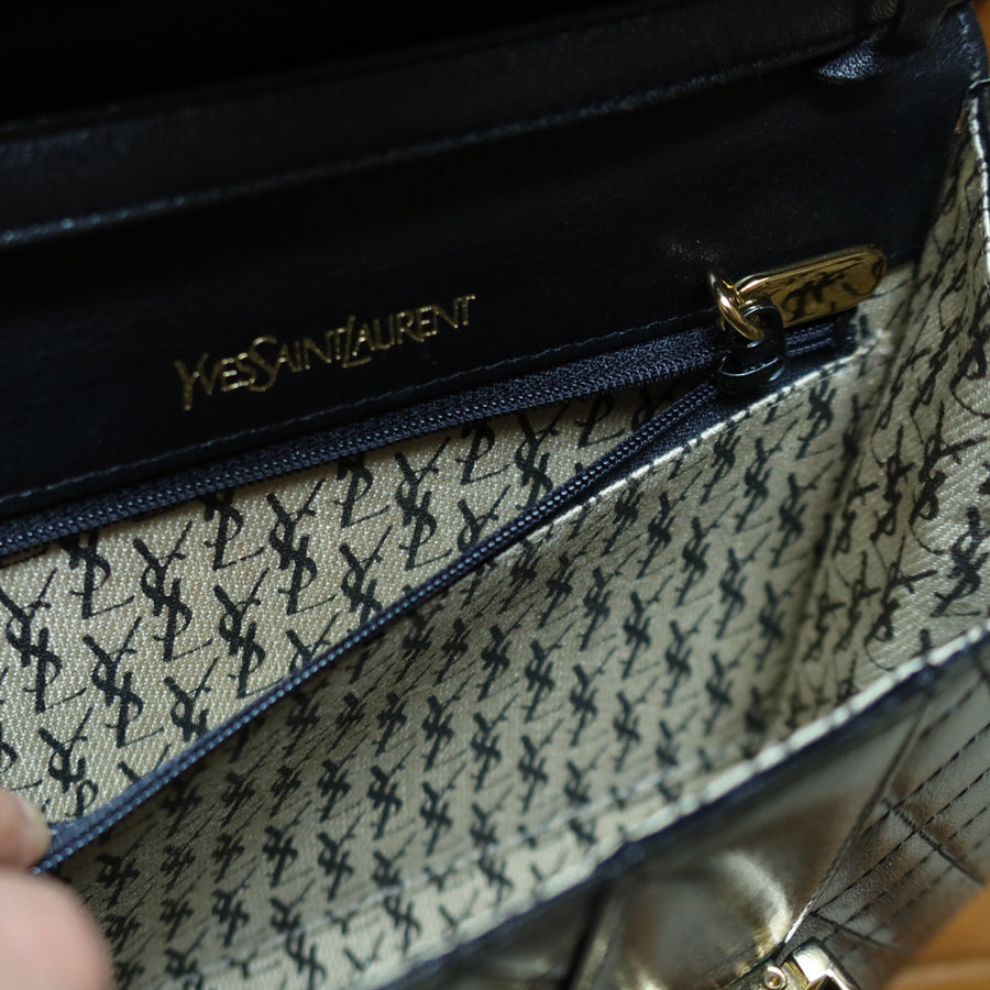 Yves Saint Laurent YSL Vintage Black Leather Quilted Gold Buckle Shoulder Flap bag S