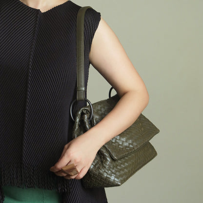 Bottega Veneta Khaki Olive Green Intrecciato Ring Hobo Shoulder Flap Bag