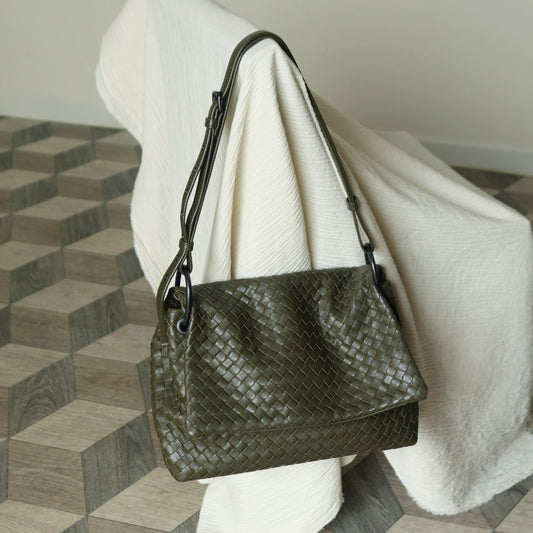 Bottega Veneta Khaki Olive Green Intrecciato Ring Hobo Shoulder Flap Bag