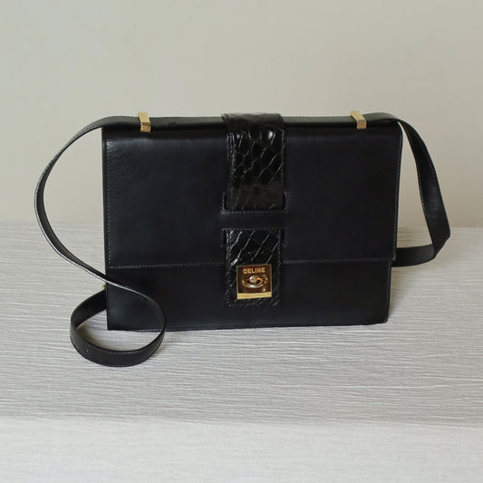 Celine Vintage Black Embossed Leather Gold Clasp 2way Shoulder Flap Bag
