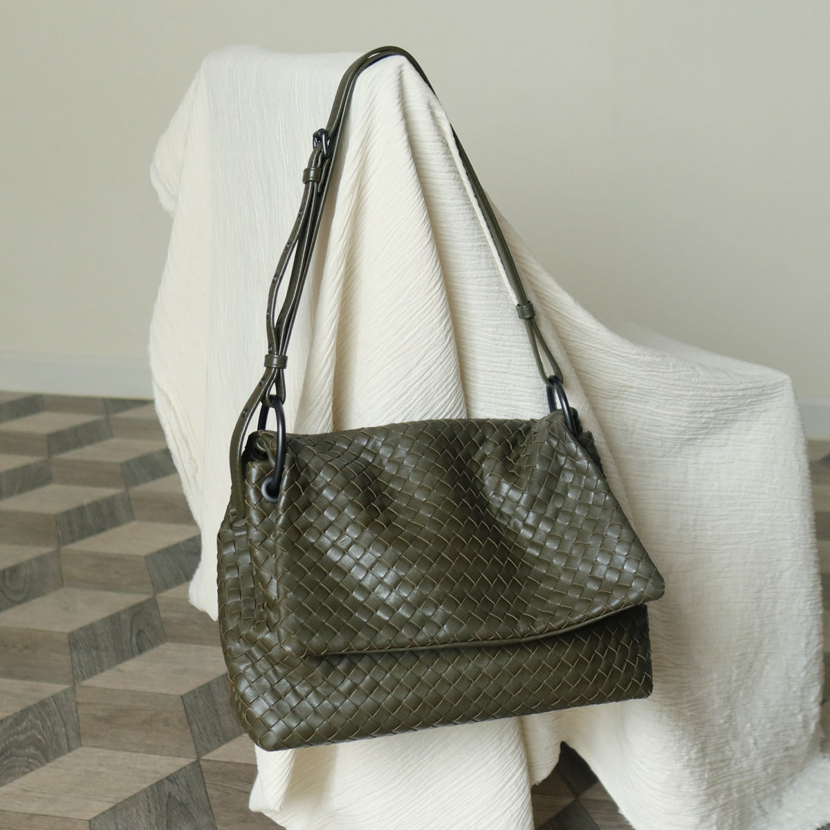 Bottega Veneta Khaki Olive Green Intrecciato Ring Hobo Shoulder Flap Bag