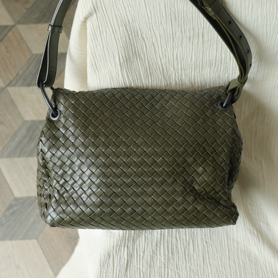 Bottega Veneta Khaki Olive Green Intrecciato Ring Hobo Shoulder Flap Bag