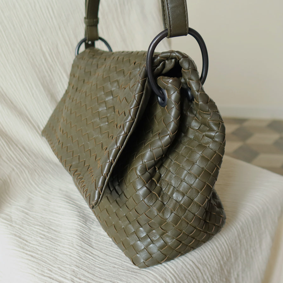 Bottega Veneta Khaki Olive Green Intrecciato Ring Hobo Shoulder Flap Bag