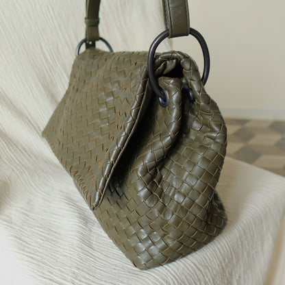 Bottega Veneta Khaki Olive Green Intrecciato Ring Hobo Shoulder Flap Bag