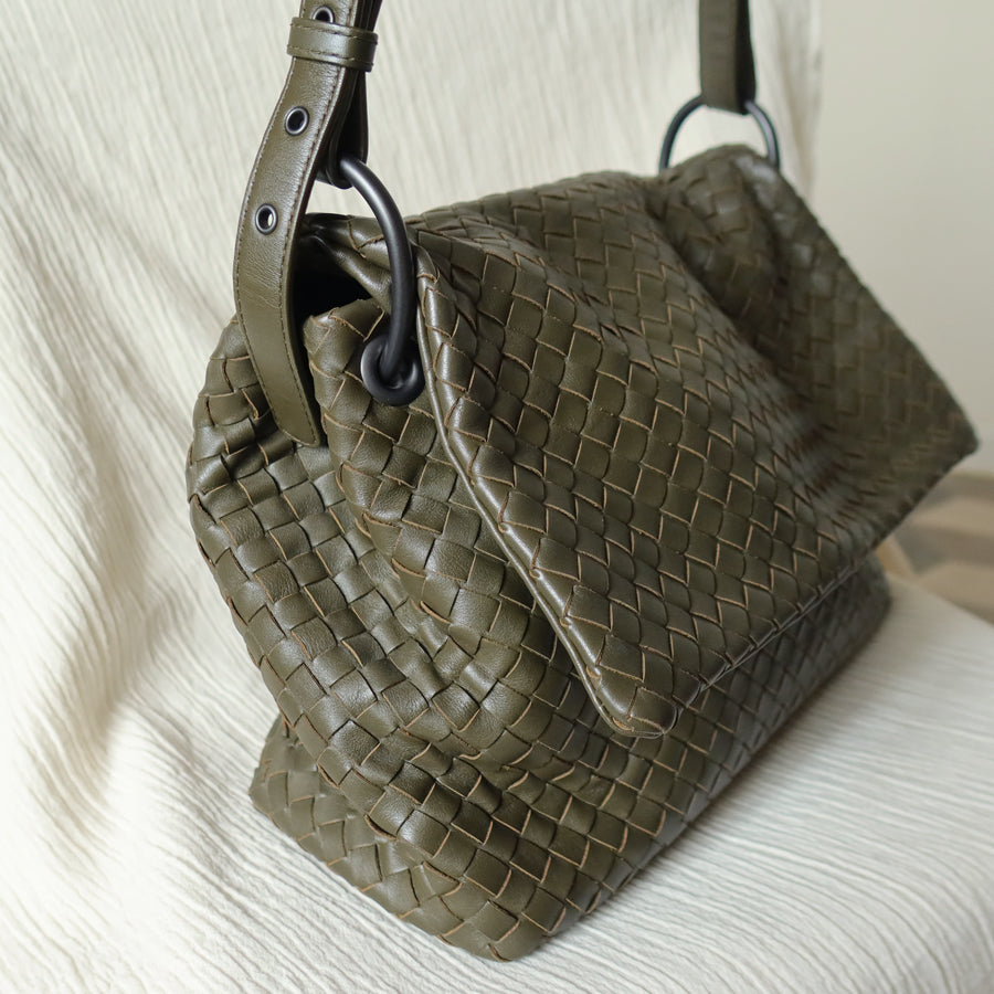 Bottega Veneta Khaki Olive Green Intrecciato Ring Hobo Shoulder Flap Bag