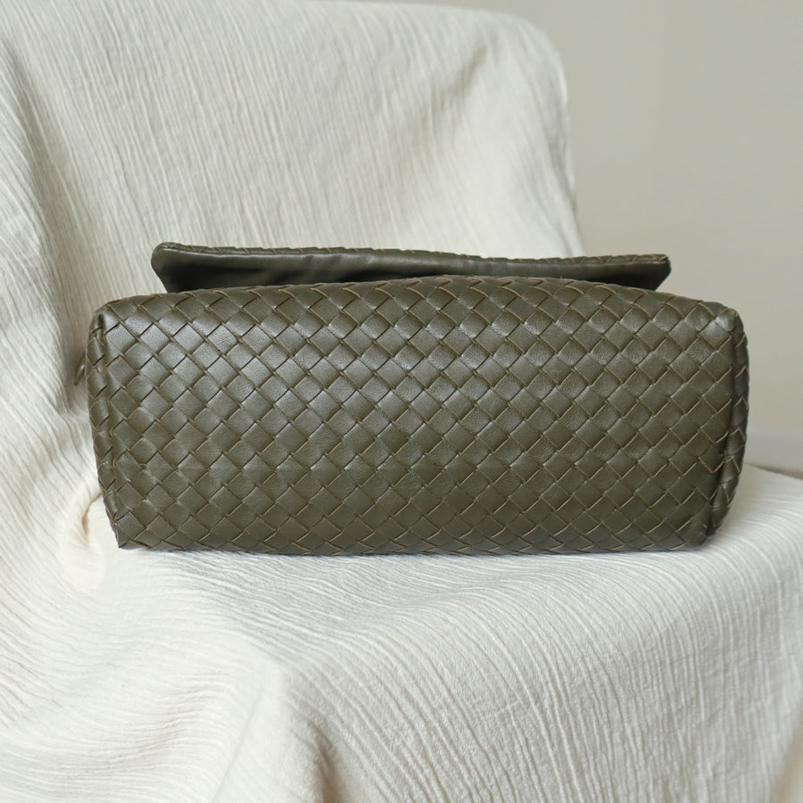 Bottega Veneta Khaki Olive Green Intrecciato Ring Hobo Shoulder Flap Bag