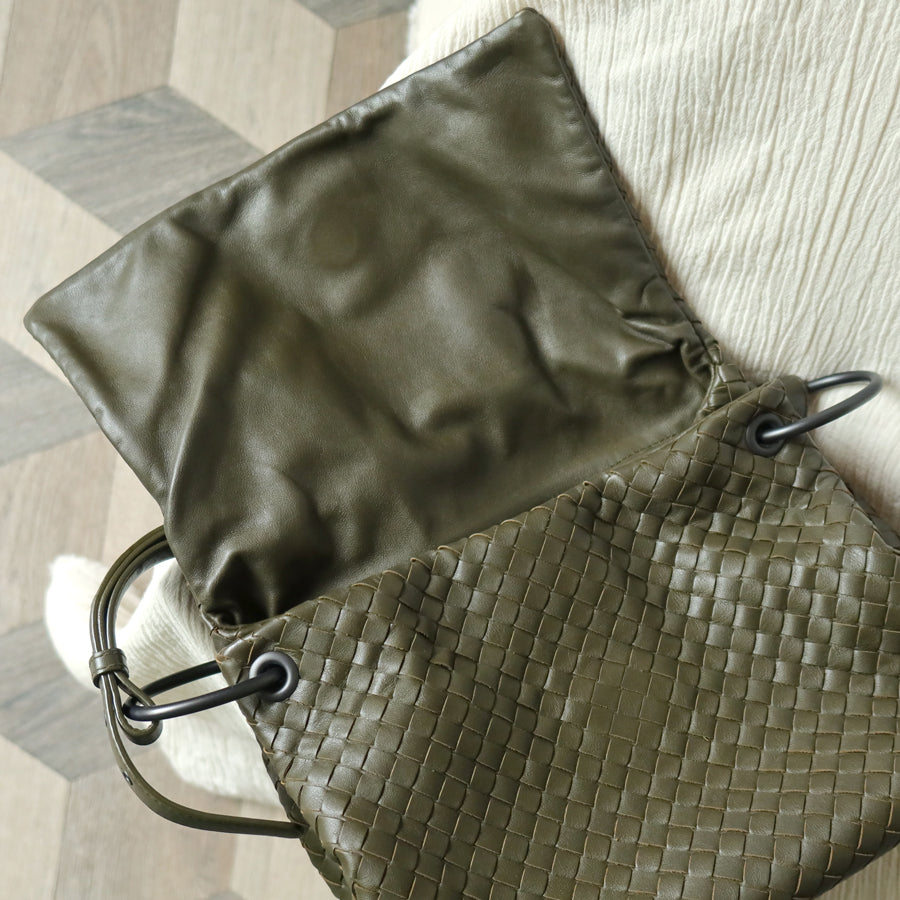 Bottega Veneta Khaki Olive Green Intrecciato Ring Hobo Shoulder Flap Bag