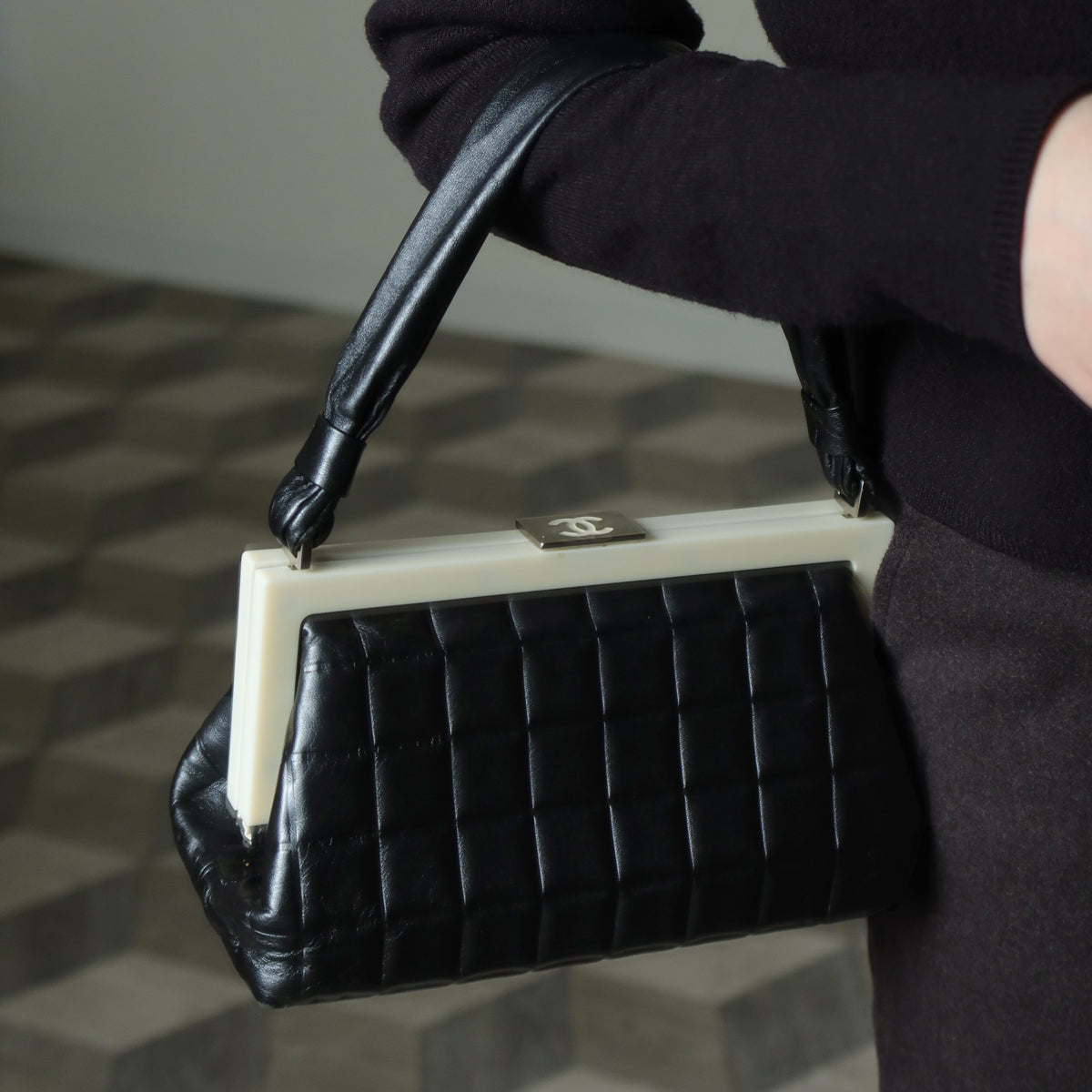 Chanel Vintage Black Quilted Chocolate Bar Leather CC Mark Clasp Lock Bag