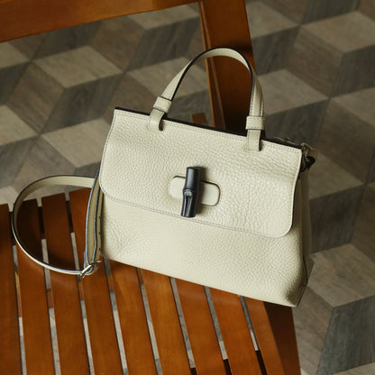 Gucci Vintage Bamboo Turn lock Cream Grained Leather Small Daily Crossbody Bag