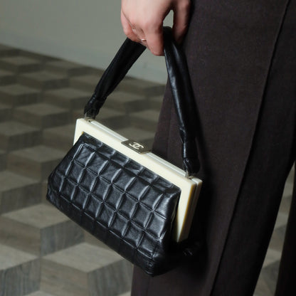 Chanel Vintage Black Quilted Chocolate Bar Leather CC Mark Clasp Lock Bag