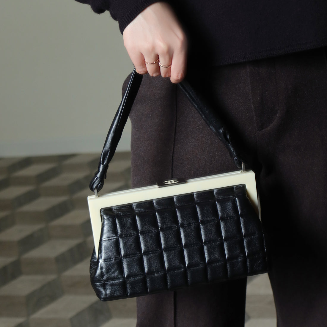 Chanel Vintage Black Quilted Chocolate Bar Leather CC Mark Clasp Lock Bag