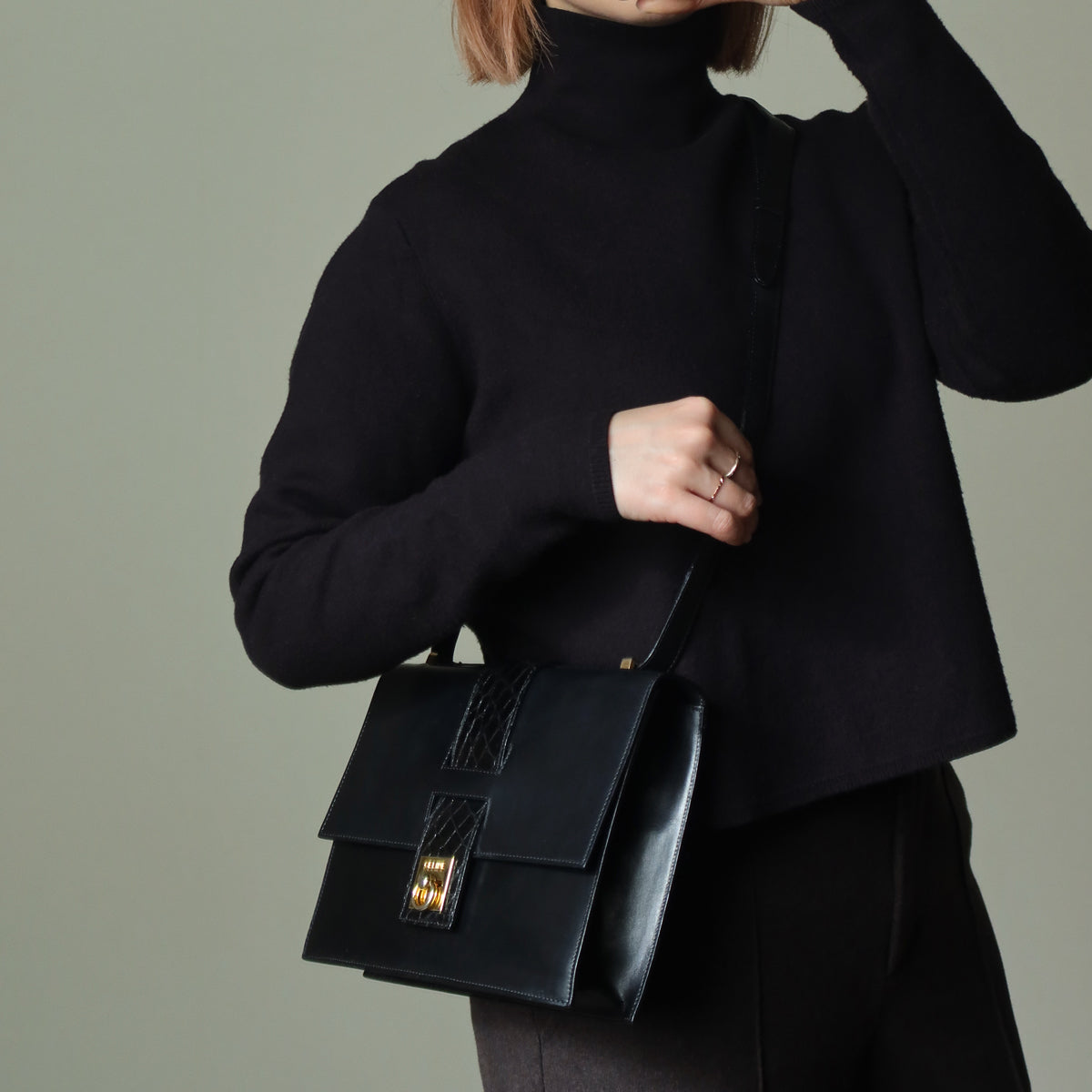 Celine Vintage Black Embossed Leather Gold Clasp 2way Shoulder Flap Bag