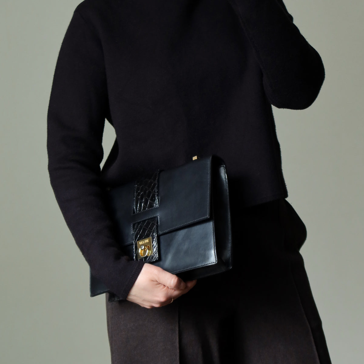 Celine Vintage Black Embossed Leather Gold Clasp 2way Shoulder Flap Bag