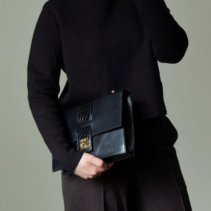 Celine Vintage Black Embossed Leather Gold Clasp 2way Shoulder Flap Bag