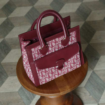 Christian Dior Vintage Burgundy Canvas Leather Oblique Trotter Monogram Handbag