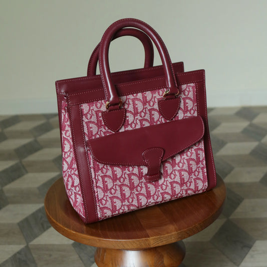 Christian Dior Vintage Burgundy Canvas Leather Oblique Trotter Monogram Handbag