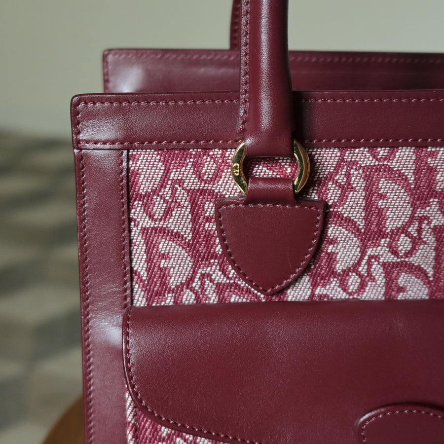 Christian Dior Vintage Burgundy Canvas Leather Oblique Trotter Monogram Handbag