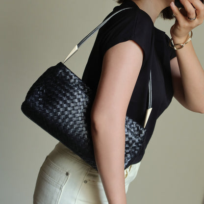 Bottega Veneta Vintage Black Leather Intrecciato Sardine Pochette Shoulder Bag