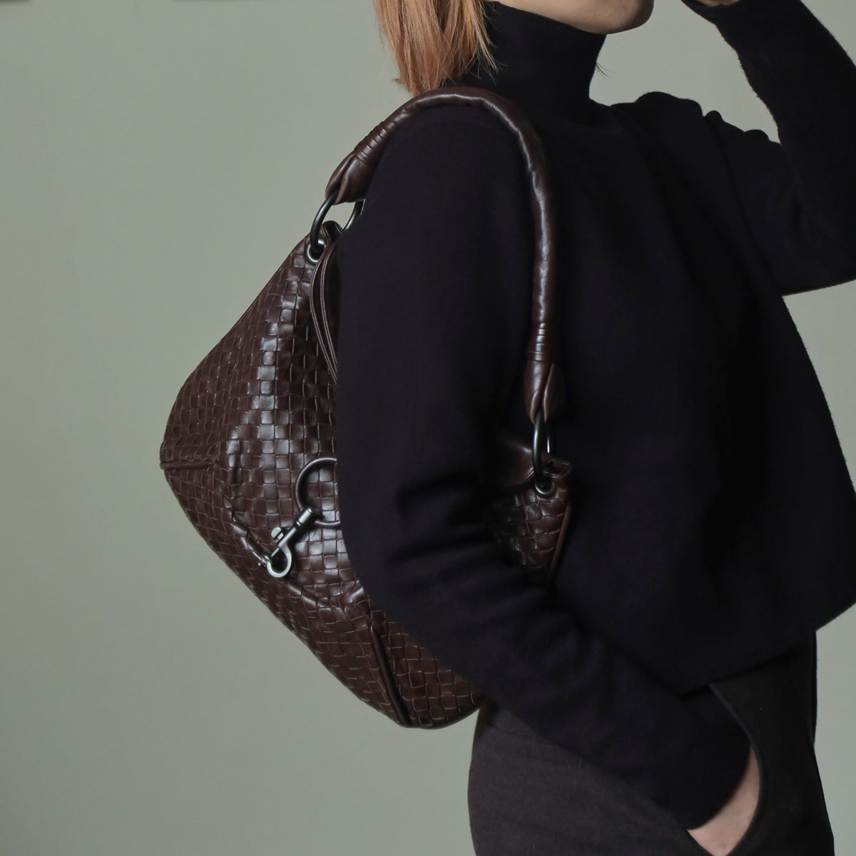 バッグ Bottega Veneta Hobo One Shoulder Bag Bottega Veneta Vintage Dark Brown Intrecciato Leather Hobo One