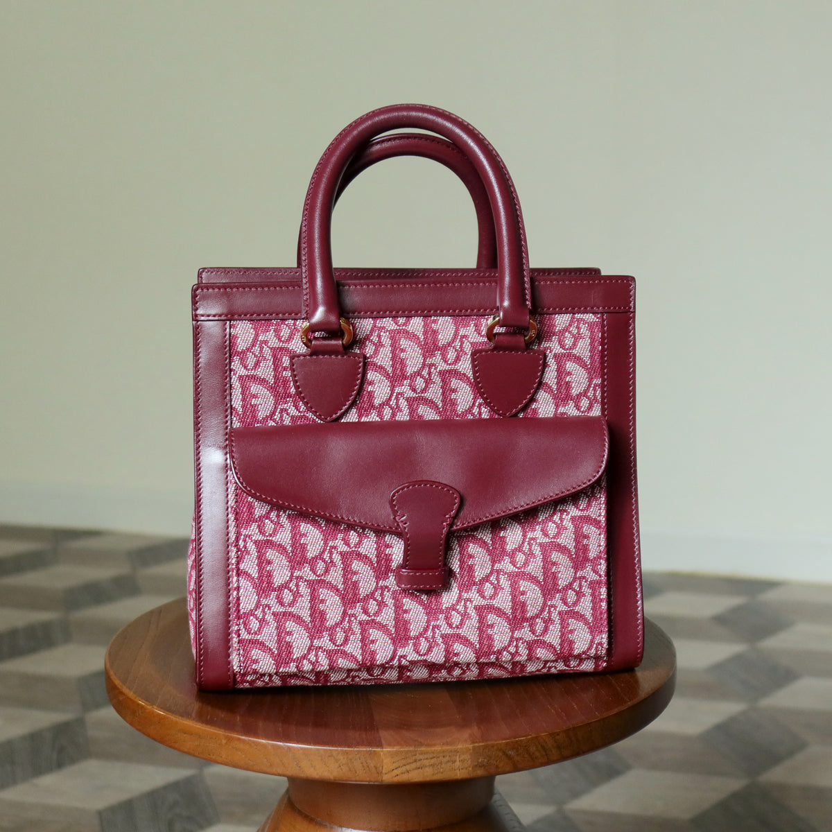 Christian Dior Vintage Burgundy Canvas Leather Oblique Trotter Monogram Handbag