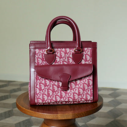 Christian Dior Vintage Burgundy Canvas Leather Oblique Trotter Monogram Handbag