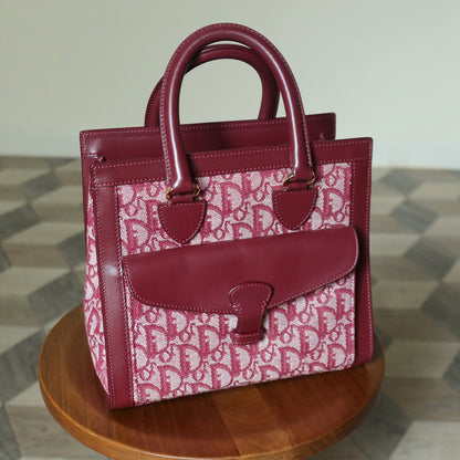 Christian Dior Vintage Burgundy Canvas Leather Oblique Trotter Monogram Handbag