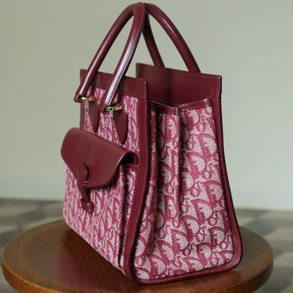 Christian Dior Vintage Burgundy Canvas Leather Oblique Trotter Monogram Handbag