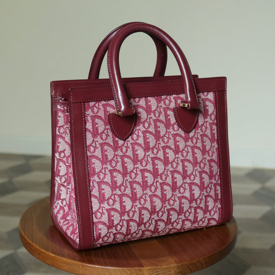 Christian Dior Vintage Burgundy Canvas Leather Oblique Trotter Monogram Handbag