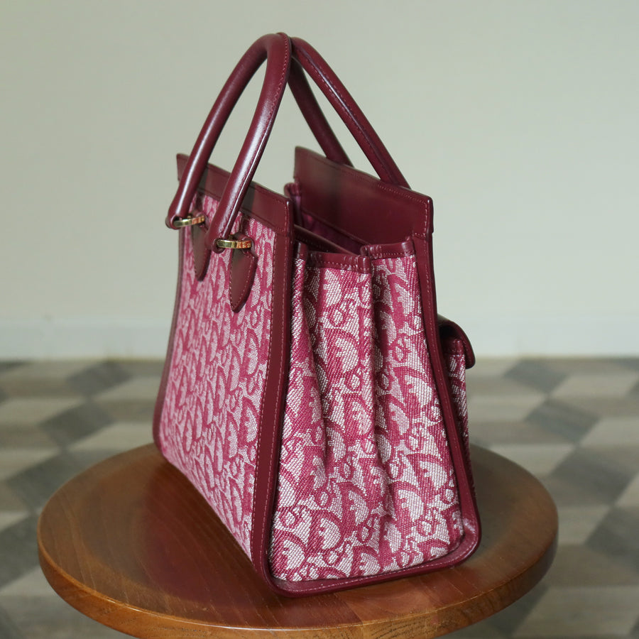 Christian Dior Vintage Burgundy Canvas Leather Oblique Trotter Monogram Handbag
