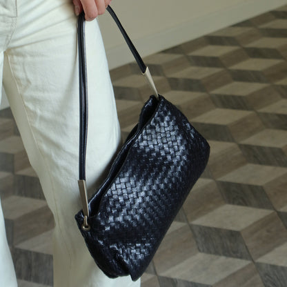 Bottega Veneta Vintage Black Leather Intrecciato Sardine Pochette Shoulder Bag