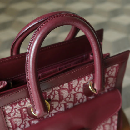 Christian Dior Vintage Burgundy Canvas Leather Oblique Trotter Monogram Handbag