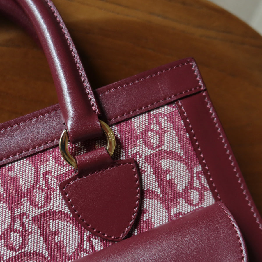 Christian Dior Vintage Burgundy Canvas Leather Oblique Trotter Monogram Handbag