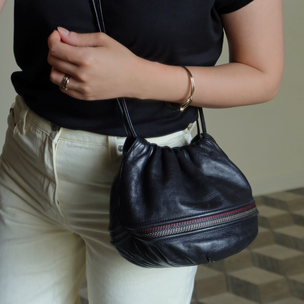 Loewe Vintage Black Leather Stitching Design Pochette Crossbody Bag
