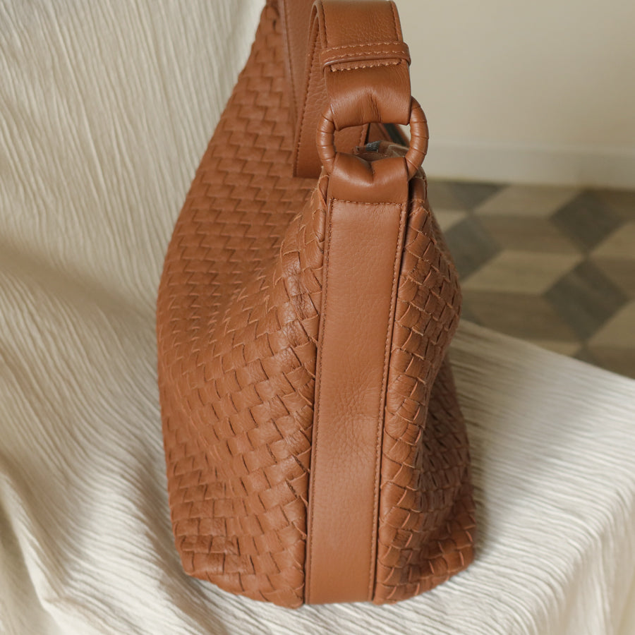 Bottega Veneta Vintage Tan Brown Intrecciato Ring Strap Shoulder Bag