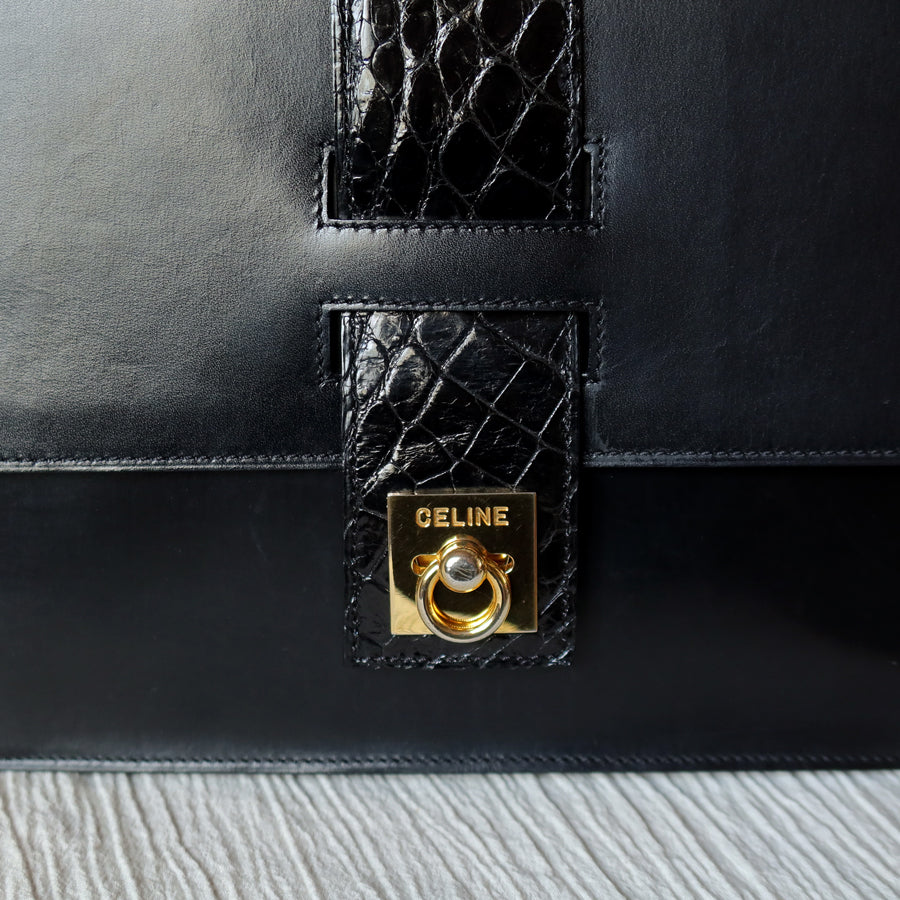 Celine Vintage Black Embossed Leather Gold Clasp 2way Shoulder Flap Bag