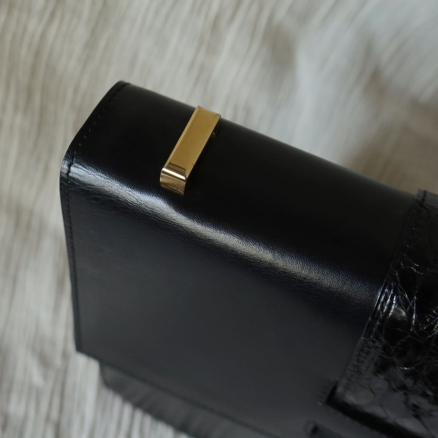 Celine Vintage Black Embossed Leather Gold Clasp 2way Shoulder Flap Bag