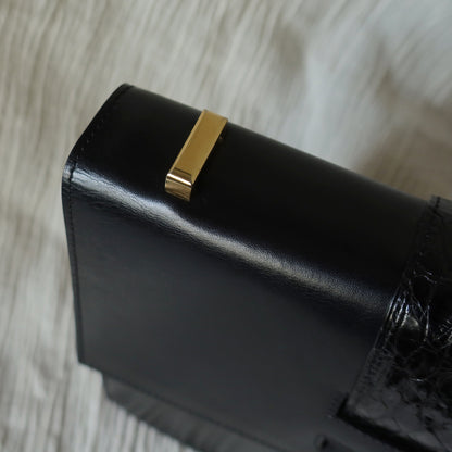 Celine Vintage Black Embossed Leather Gold Clasp 2way Shoulder Flap Bag