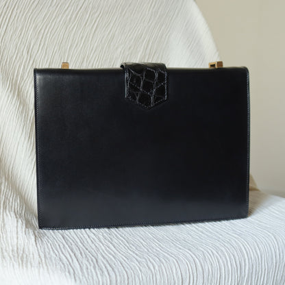 Celine Vintage Black Embossed Leather Gold Clasp 2way Shoulder Flap Bag