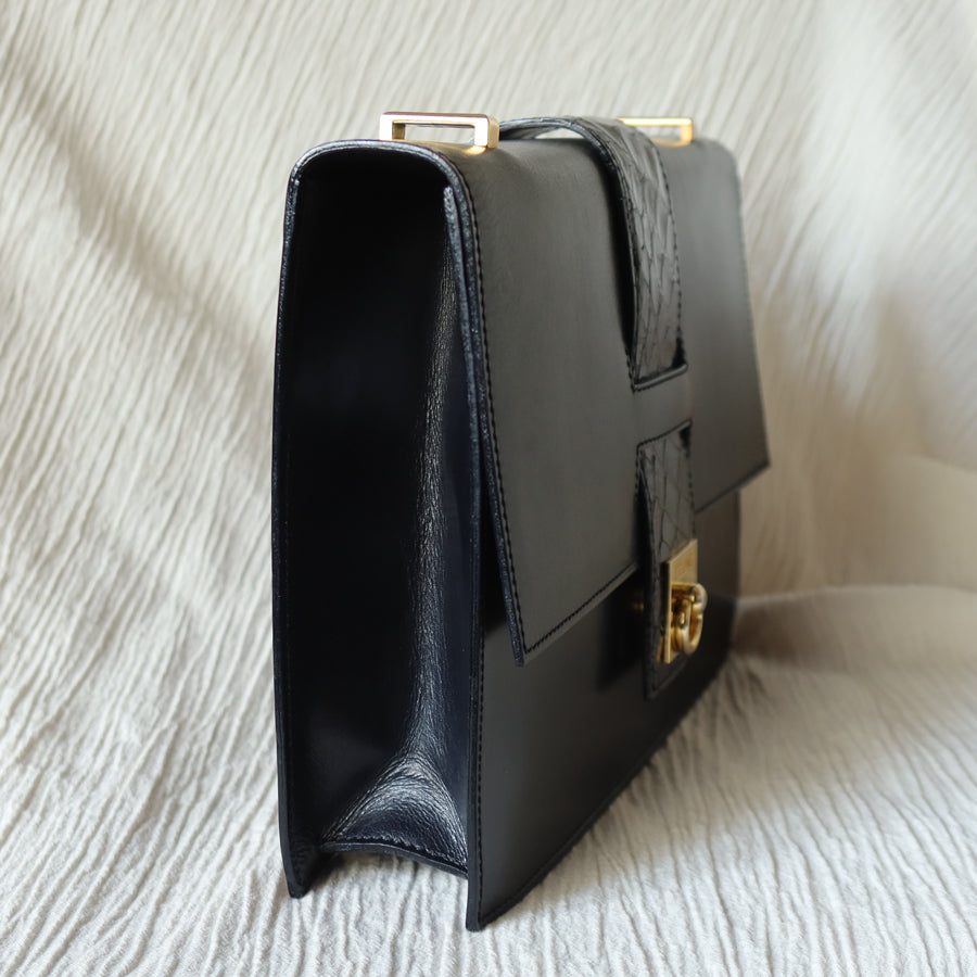 Celine Vintage Black Embossed Leather Gold Clasp 2way Shoulder Flap Bag