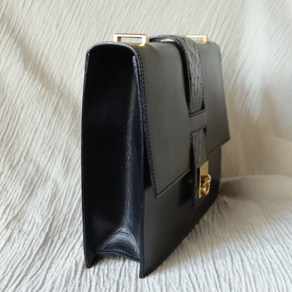 Celine Vintage Black Embossed Leather Gold Clasp 2way Shoulder Flap Bag