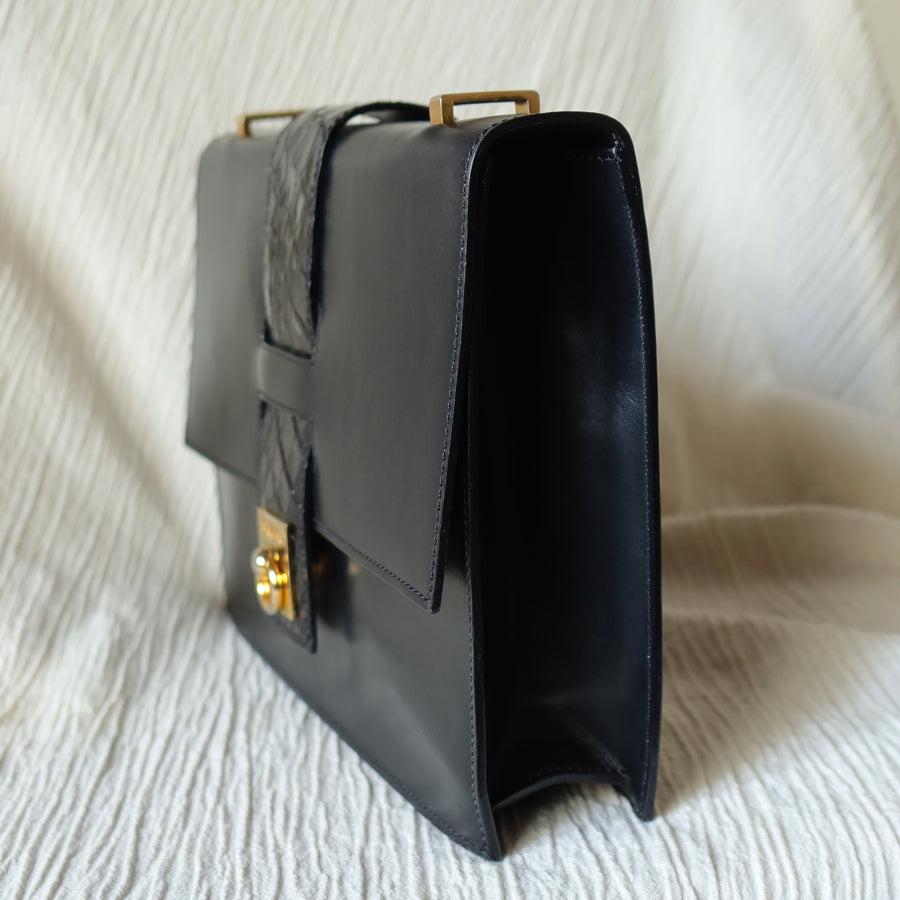 Celine Vintage Black Embossed Leather Gold Clasp 2way Shoulder Flap Bag