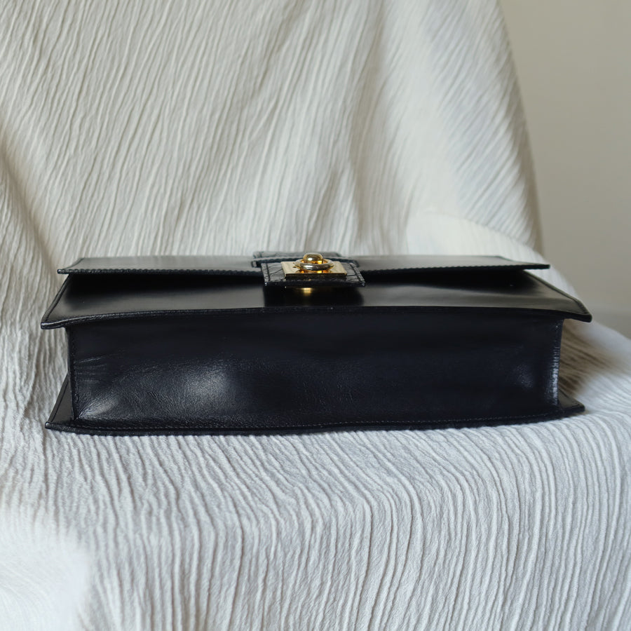 Celine Vintage Black Embossed Leather Gold Clasp 2way Shoulder Flap Bag