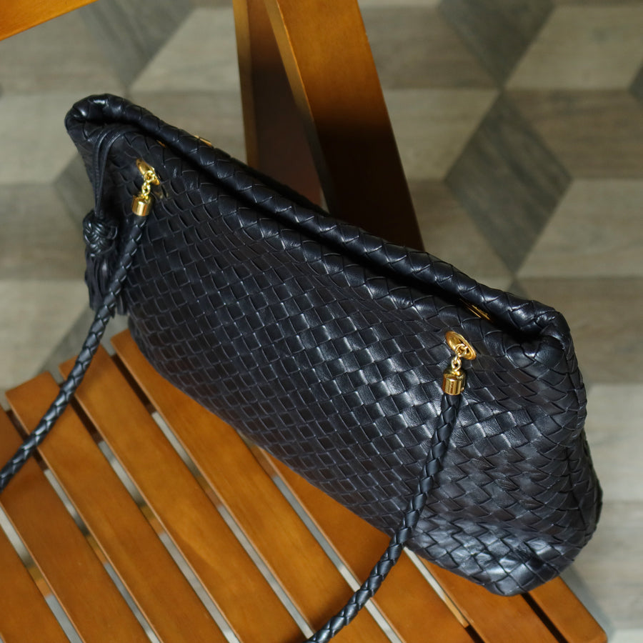 Rare Bottega Veneta Vintage Black Intrecciato Braided Strap Shoulder Bag M
