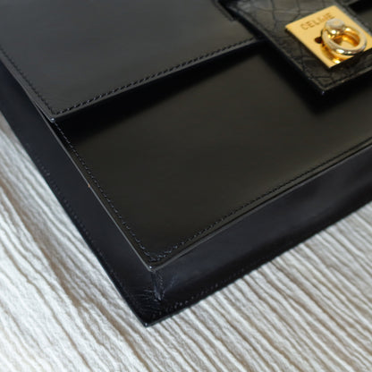 Celine Vintage Black Embossed Leather Gold Clasp 2way Shoulder Flap Bag