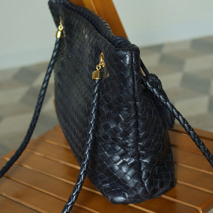 Rare Bottega Veneta Vintage Black Intrecciato Braided Strap Shoulder Bag M