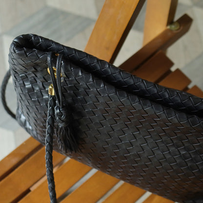 Rare Bottega Veneta Vintage Black Intrecciato Braided Strap Shoulder Bag M