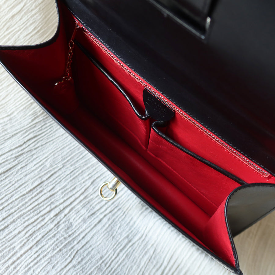 Celine Vintage Black Embossed Leather Gold Clasp 2way Shoulder Flap Bag